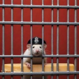 A surreal scene framed by a slice of holy cheese behind bars, mysteriously dripping red paint. In front of the bars, several rats donning police caps convey a sense of law and order