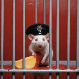 A surreal scene framed by a slice of holy cheese behind bars, mysteriously dripping red paint. In front of the bars, several rats donning police caps convey a sense of law and order