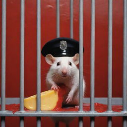 A surreal scene framed by a slice of holy cheese behind bars, mysteriously dripping red paint. In front of the bars, several rats donning police caps convey a sense of law and order