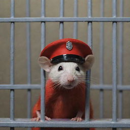 A surreal scene framed by a slice of holy cheese behind bars, mysteriously dripping red paint. In front of the bars, several rats donning police caps convey a sense of law and order