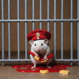 A surreal scene framed by a slice of holy cheese behind bars, mysteriously dripping red paint. In front of the bars, several rats donning police caps convey a sense of law and order