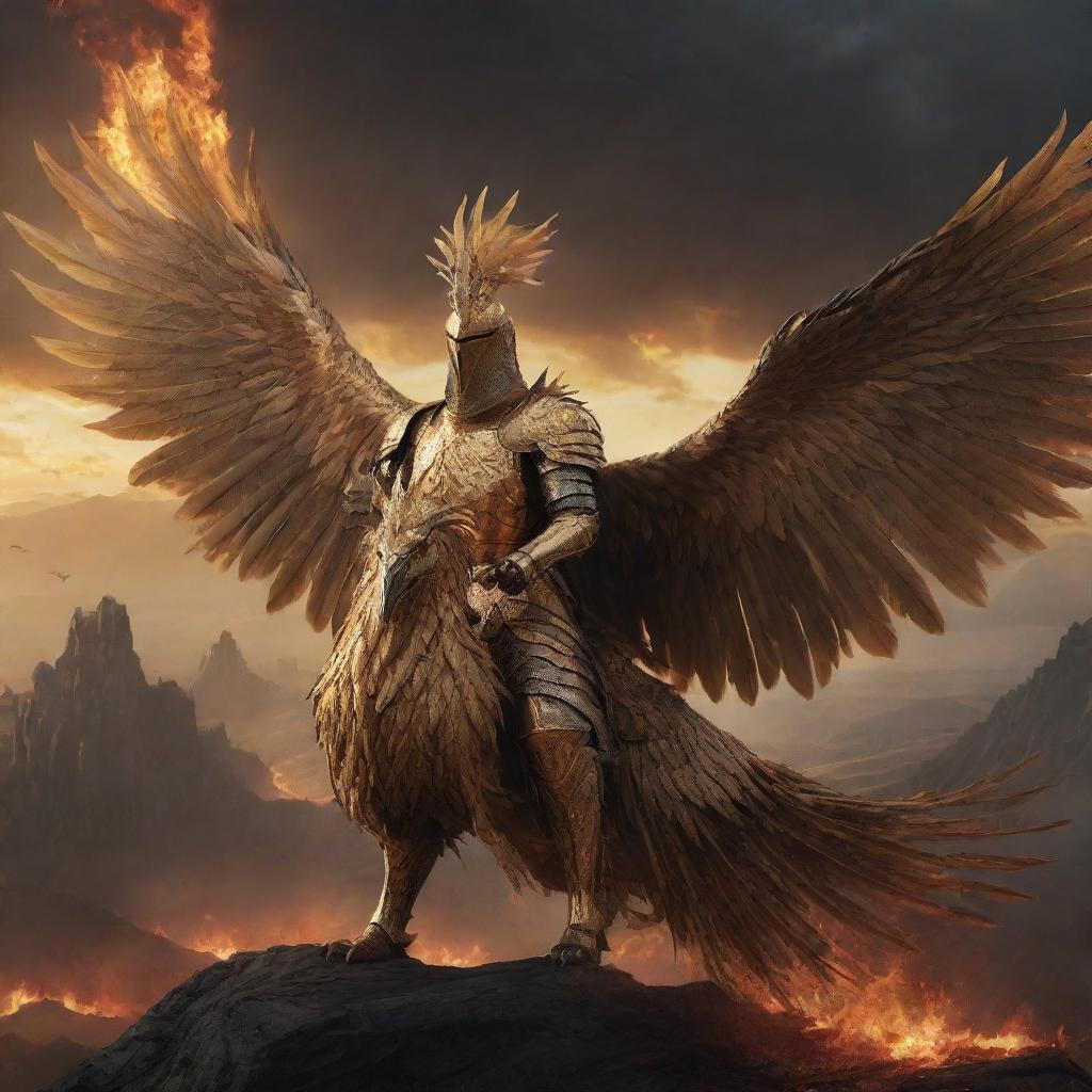 A large, realistic and artistic visual representation of a knight in golden armor, riding a gigantic golden phoenix with large feathers, above a landscape ablaze. The mood is dark and the scene dramatic