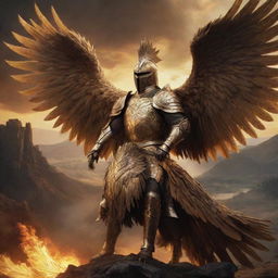 A large, realistic and artistic visual representation of a knight in golden armor, riding a gigantic golden phoenix with large feathers, above a landscape ablaze. The mood is dark and the scene dramatic