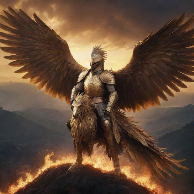 A large, realistic and artistic visual representation of a knight in golden armor, riding a gigantic golden phoenix with large feathers, above a landscape ablaze. The mood is dark and the scene dramatic