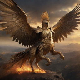 A large, realistic and artistic visual representation of a knight in golden armor, riding a gigantic golden phoenix with large feathers, above a landscape ablaze. The mood is dark and the scene dramatic