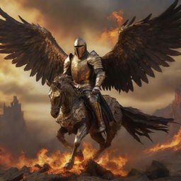 A realistic, dark, and artistic interpretation of a knight in golden armor, mounted on a large, golden, and realistic phoenix flying over a fiery, destroyed landscape.