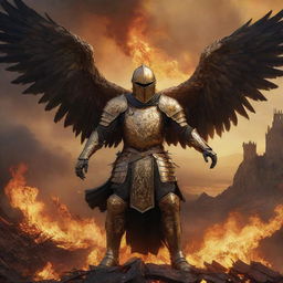 A realistic, dark, and artistic interpretation of a knight in golden armor, mounted on a large, golden, and realistic phoenix flying over a fiery, destroyed landscape.