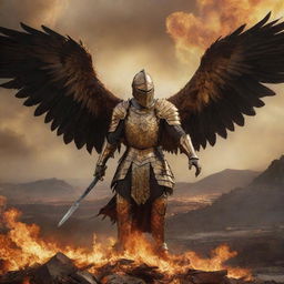 A realistic, dark, and artistic interpretation of a knight in golden armor, mounted on a large, golden, and realistic phoenix flying over a fiery, destroyed landscape.