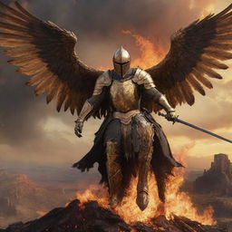 A realistic, dark, and artistic interpretation of a knight in golden armor, mounted on a large, golden, and realistic phoenix flying over a fiery, destroyed landscape.