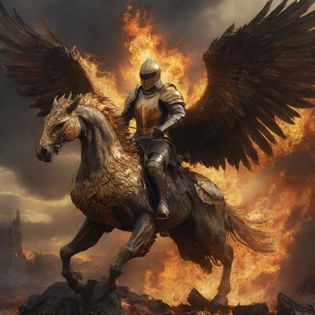 A realistic, dark, and artistic depiction of a knight in golden armor, riding a giant golden phoenix with a saddle, soaring above a destroyed landscape engulfed in flames.