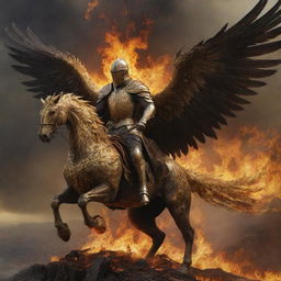 A realistic, dark, and artistic depiction of a knight in golden armor, riding a giant golden phoenix with a saddle, soaring above a destroyed landscape engulfed in flames.