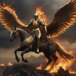 A realistic, dark, and artistic depiction of a knight in golden armor, riding a giant golden phoenix with a saddle, soaring above a destroyed landscape engulfed in flames.