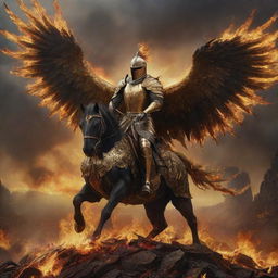 A realistic, dark, and artistic depiction of a knight in golden armor, riding a giant golden phoenix with a saddle, soaring above a destroyed landscape engulfed in flames.