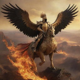 A realistic, dark and artistic portrayal of a rider in golden armor, atop a gigantic golden phoenix with a saddle, soaring above a flaming, decimated landscape.