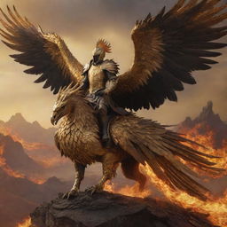 A realistic, dark and artistic portrayal of a rider in golden armor, atop a gigantic golden phoenix with a saddle, soaring above a flaming, decimated landscape.