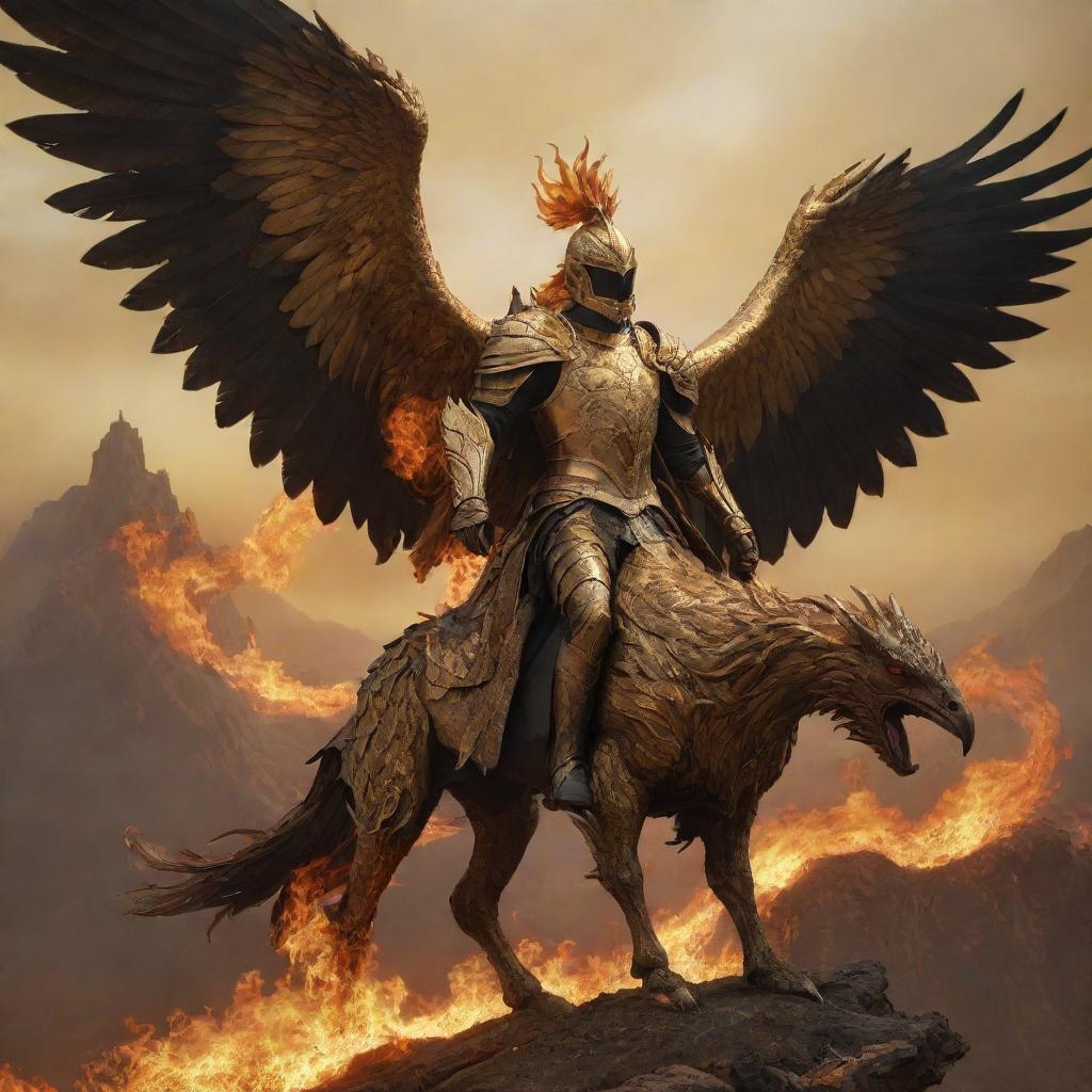 A realistic, dark and artistic portrayal of a rider in golden armor, atop a gigantic golden phoenix with a saddle, soaring above a flaming, decimated landscape.