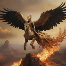 A realistic, dark and artistic portrayal of a rider in golden armor, atop a gigantic golden phoenix with a saddle, soaring above a flaming, decimated landscape.