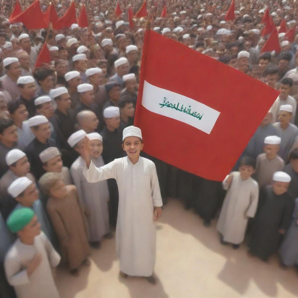 3D illustration of a Muslim boy in traditional clothing, waving a flag with the inscription 'Labaik Ya Hussain AS', standing passionately amidst a diverse crowd.