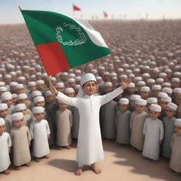 3D illustration of a Muslim boy in traditional clothing, waving a flag with the inscription 'Labaik Ya Hussain AS', standing passionately amidst a diverse crowd.