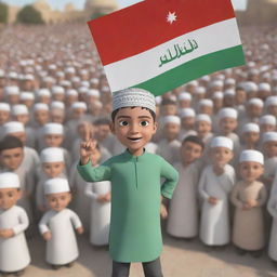 3D illustration of a Muslim boy in traditional clothing, waving a flag with the inscription 'Labaik Ya Hussain AS', standing passionately amidst a diverse crowd.