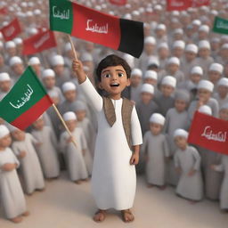 3D illustration of a Muslim boy in traditional clothing, waving a flag with the inscription 'Labaik Ya Hussain AS', standing passionately amidst a diverse crowd.