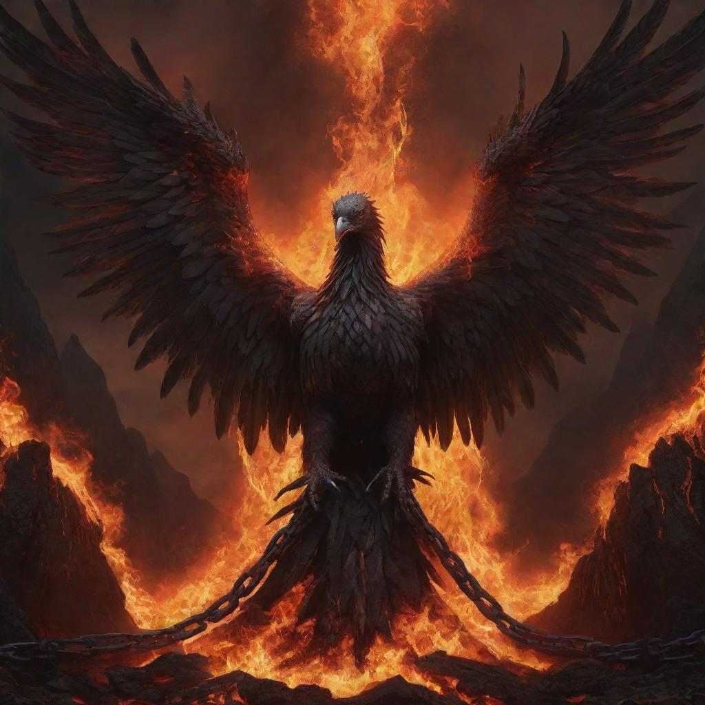 A realistic, dark art representation of a suffering phoenix, demonized and bound in chains, surrounded by fiery-colored lava.