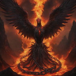 A realistic, dark art representation of a suffering phoenix, demonized and bound in chains, surrounded by fiery-colored lava.