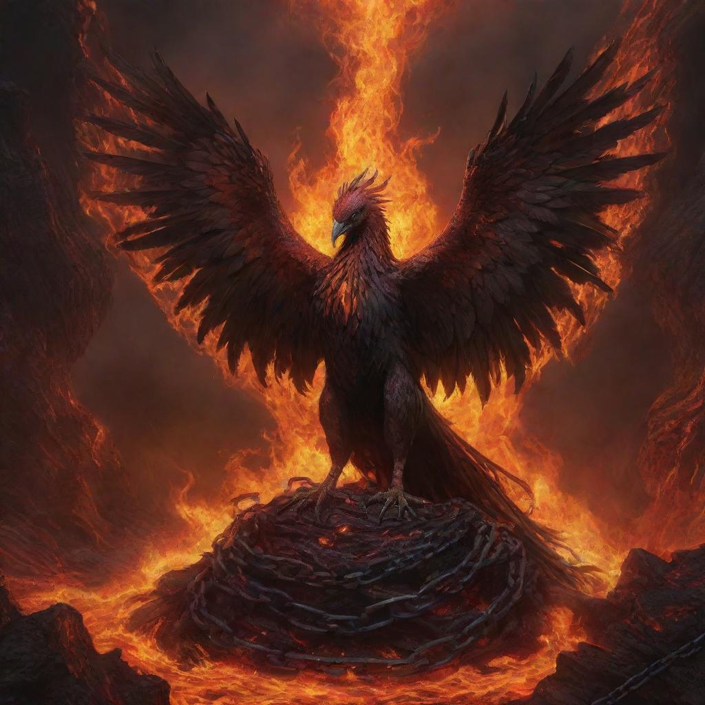 A realistic, dark art representation of a suffering phoenix, demonized and bound in chains, surrounded by fiery-colored lava.