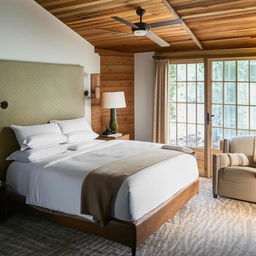 A cozy bedroom with a luxurious king-sized bed, elegantly arranged with plush pillows and soft blankets.