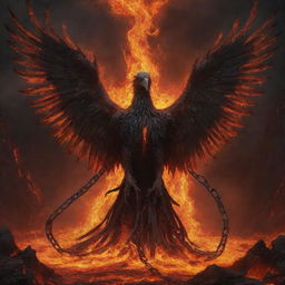 A realistic, dark art representation of a suffering phoenix, demonized and bound in chains, surrounded by fiery-colored lava.