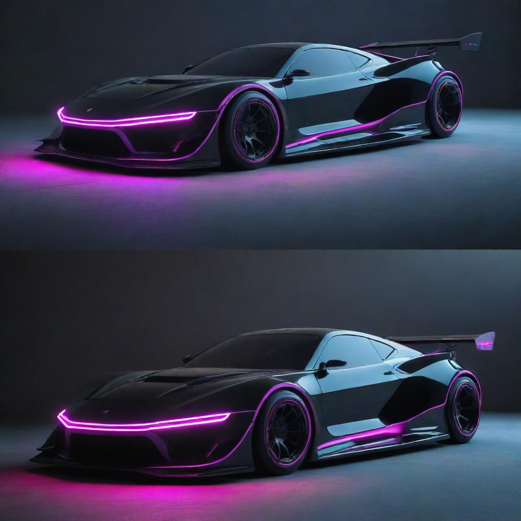 A futuristic drift car from the 2100s with sleek lines, glowing neon lights, and advanced technology detailing.