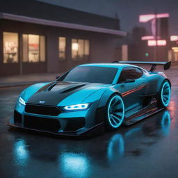 A futuristic drift car from the 2100s with sleek lines, glowing neon lights, and advanced technology detailing.