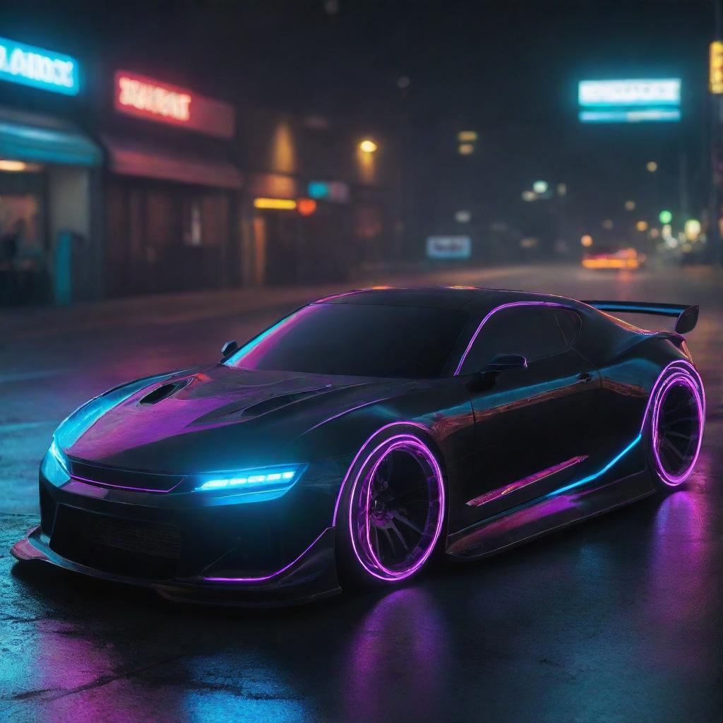 A futuristic drift car from the 2100s with sleek lines, glowing neon lights, and advanced technology detailing.