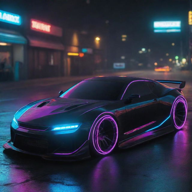 A futuristic drift car from the 2100s with sleek lines, glowing neon lights, and advanced technology detailing.