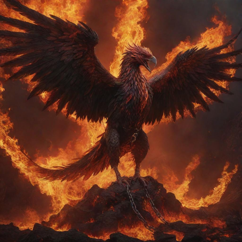 A realistic and dark image of a demonized phoenix in chains, surrounded by fiery-colored lava, suffering and screaming, attacking a human.