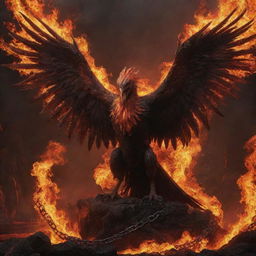 A realistic and dark image of a demonized phoenix in chains, surrounded by fiery-colored lava, suffering and screaming, attacking a human.