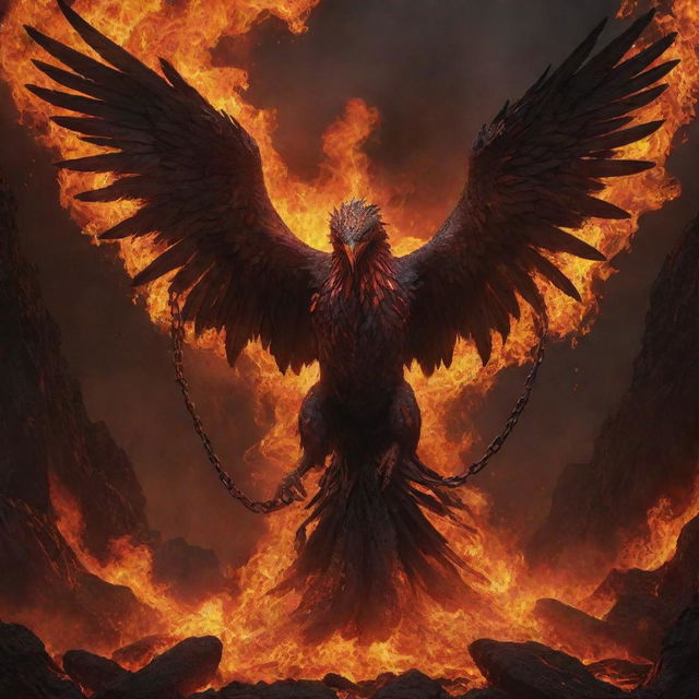 A realistic and dark image of a demonized phoenix in chains, surrounded by fiery-colored lava, suffering and screaming, attacking a human.