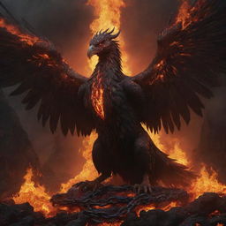 A realistic and dark image of a demonized phoenix in chains, surrounded by fiery-colored lava, suffering and screaming, attacking a human.