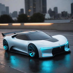 A futuristic 2050s drift car showcasing an aerodynamic design, dynamic LED lights, and cutting-edge tech embellishments.