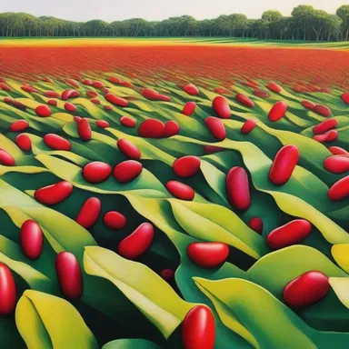 The artist created a stunning painting depicting a vibrant field of frijol plants with their red kidney-shaped beans shining in the sunlight.