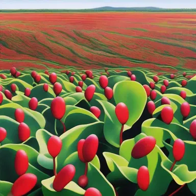 The artist created a stunning painting depicting a vibrant field of frijol plants with their red kidney-shaped beans shining in the sunlight.