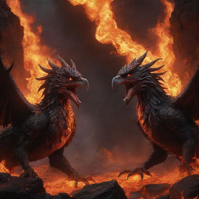 A dark, realistic scene of two suffering, demonized phoenixes, chained and surrounded by fiery-colored lava, locked in intense combat whilst screaming.