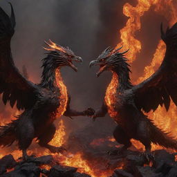 A dark, realistic scene of two suffering, demonized phoenixes, chained and surrounded by fiery-colored lava, locked in intense combat whilst screaming.