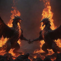 A dark, realistic scene of two suffering, demonized phoenixes, chained and surrounded by fiery-colored lava, locked in intense combat whilst screaming.