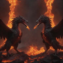 A dark, realistic scene of two suffering, demonized phoenixes, chained and surrounded by fiery-colored lava, locked in intense combat whilst screaming.