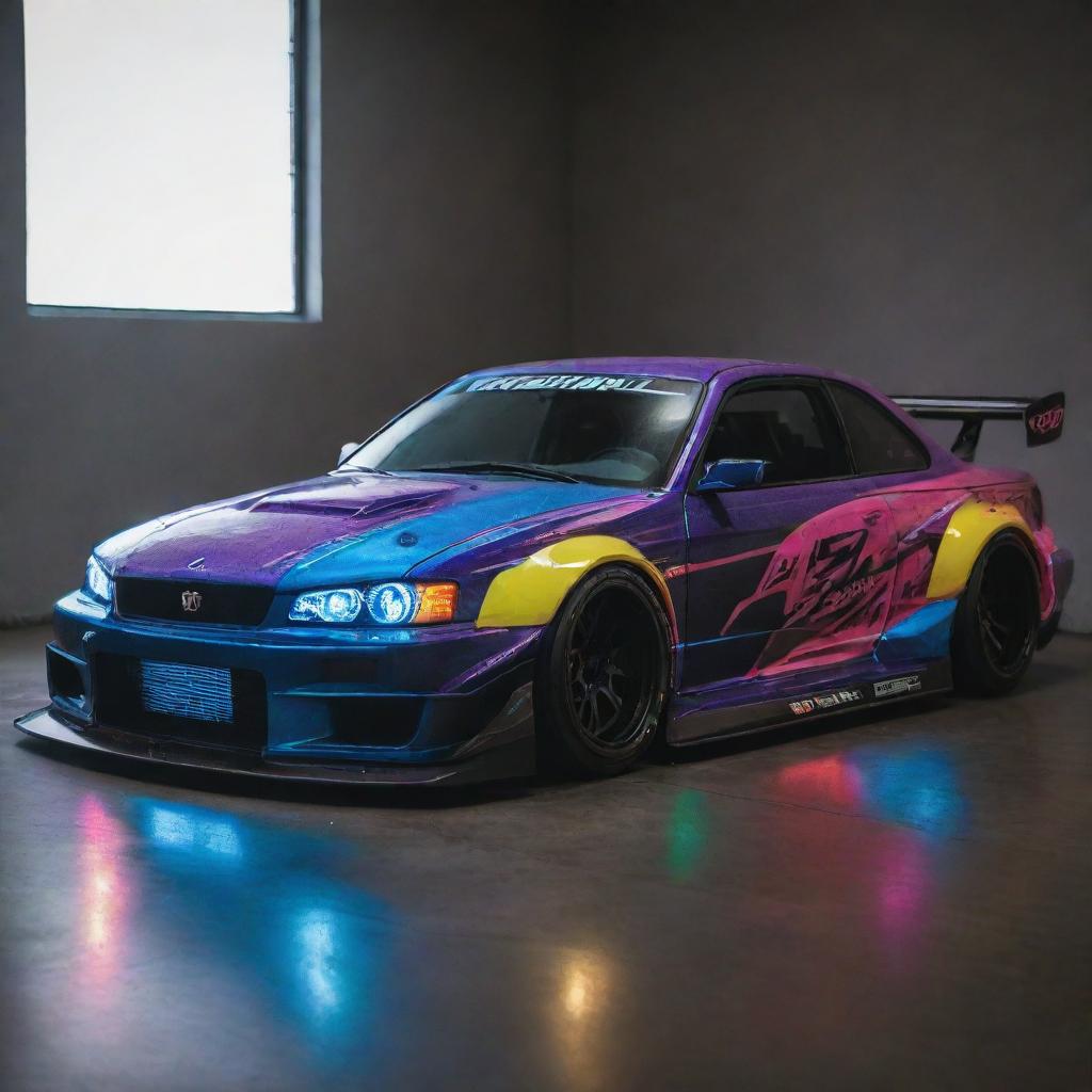 A 2024s drift car with a modern design, vibrant color scheme, aesthetic LED lights, and high-tech features.