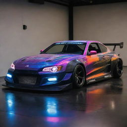 A 2024s drift car with a modern design, vibrant color scheme, aesthetic LED lights, and high-tech features.