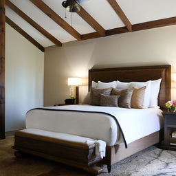 A cozy bedroom with a luxurious king-sized bed, elegantly arranged with plush pillows and soft blankets.