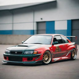 A 2000s drift car, boasting a classic yet aggressive design, vivid paint job, and aftermarket enhancements.