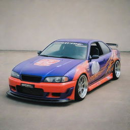 A 2000s drift car, boasting a classic yet aggressive design, vivid paint job, and aftermarket enhancements.